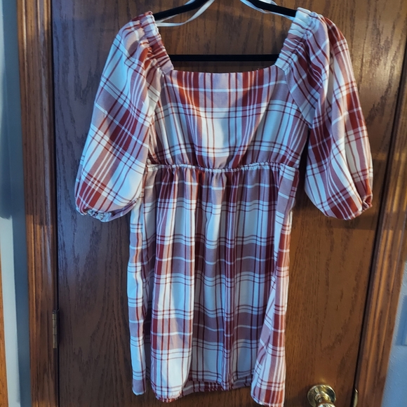 Monteau Los Angeles Rust White Plaid Mini Dress Small Puff  3/4 Sleeves - Picture 5 of 7